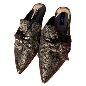 DKNY Gold & Black Brocade Pointed-Toe Mule Flats With Bow Size 6